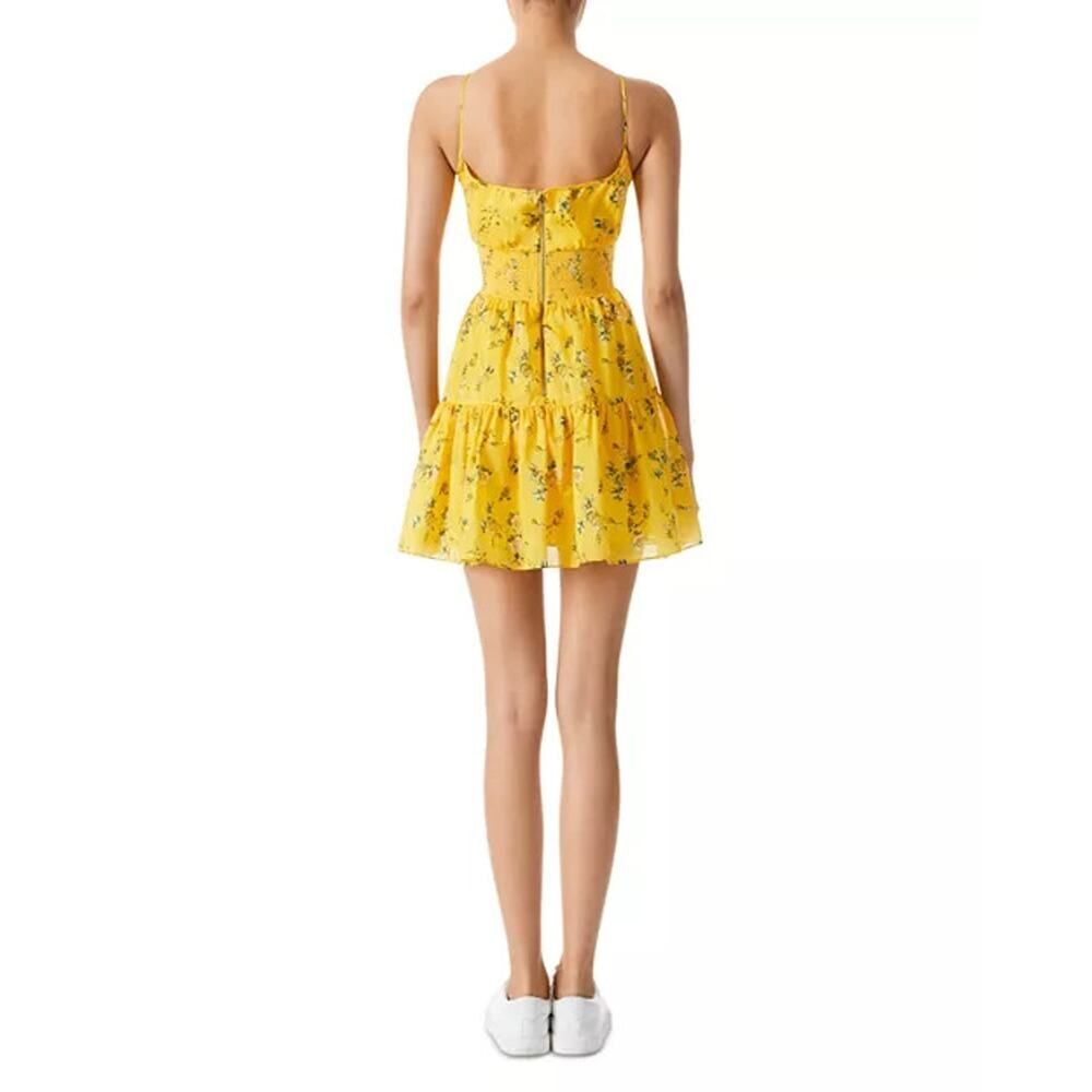 Alice + Olivia Lai Smocked Floral cotton Silk voile mini dress Yellow 8 - Picture 6 of 6